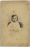 Small child in flowing white dress with mouth open, front
