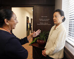 [Open House] Photograph of Dr. Juliet Garcia Speaking to Dr. Julio Leon's Wife by University of Texas at Brownsville